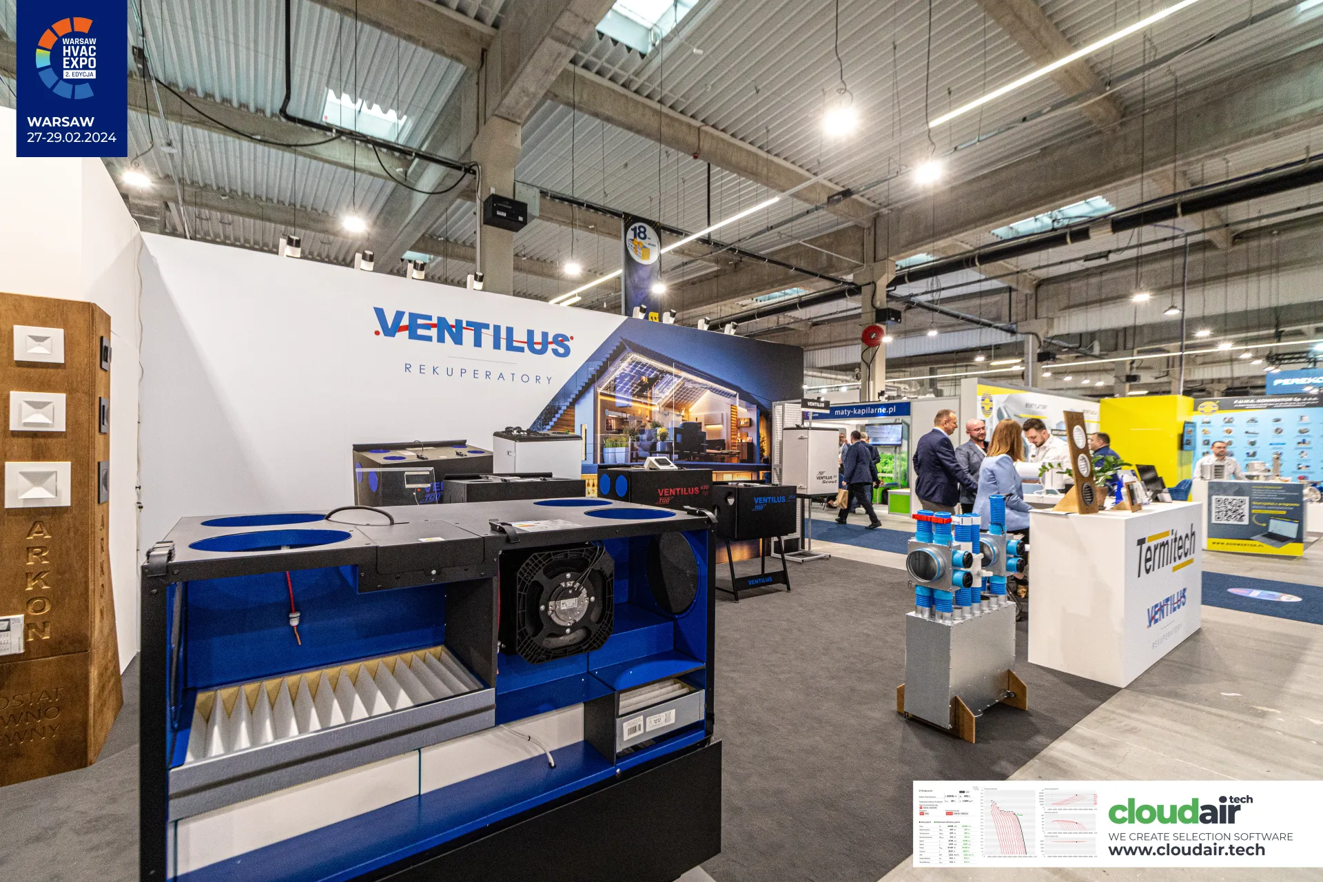 Opened Ventilus heat recovery unit exposing its fan and pleated filter at Warsaw HVAC Expo 2024