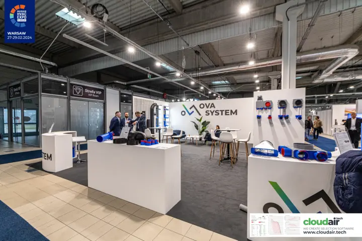 OVA System stand with blue and red ventilation distribution fittings at Warsaw HVAC Expo 2024