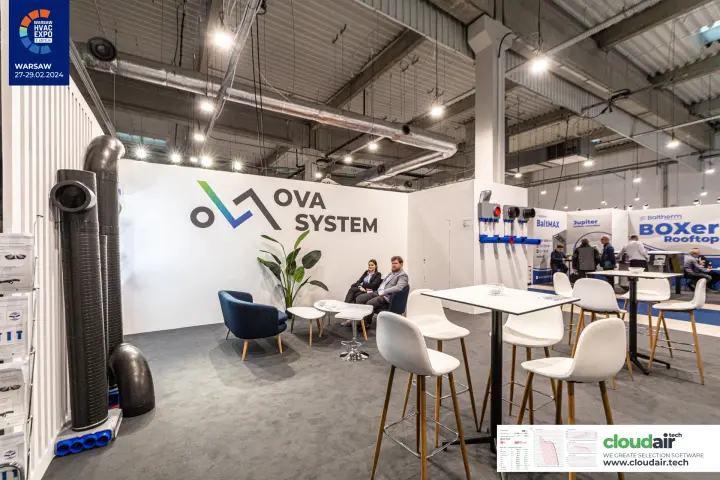OVA System stand with flexible ducts and a lounge area at Warsaw HVAC Expo 2024