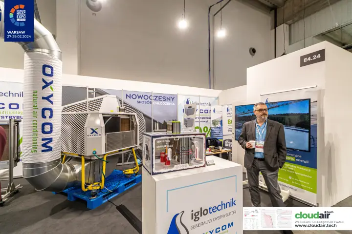 Oxycom cooling unit with fabric-wrapped duct on the Iglotechnik stand at Warsaw HVAC Expo 2024