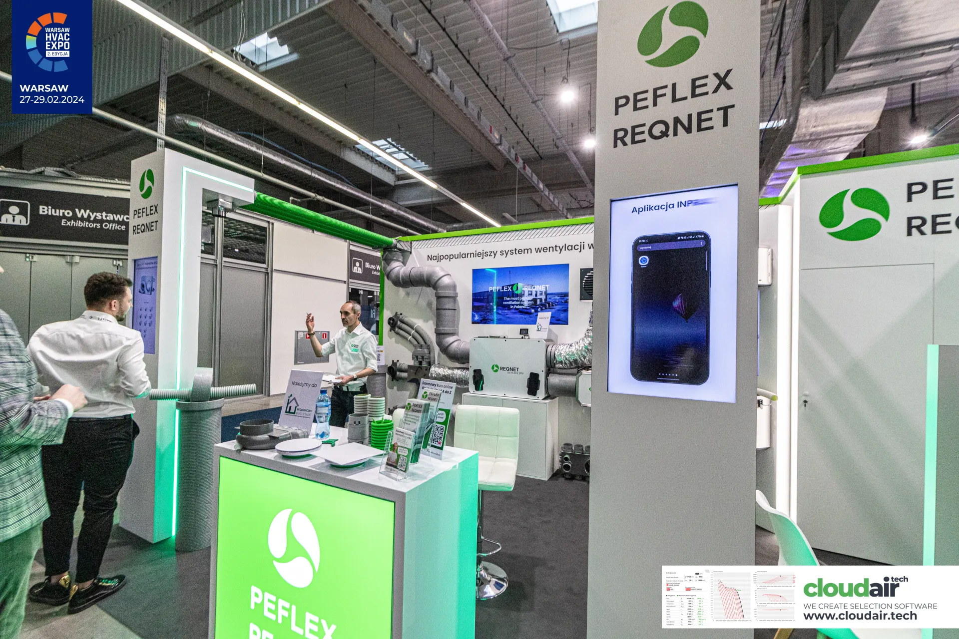 Peflex Reqnet column screen showing a mobile app beside the counter at Warsaw HVAC Expo 2024