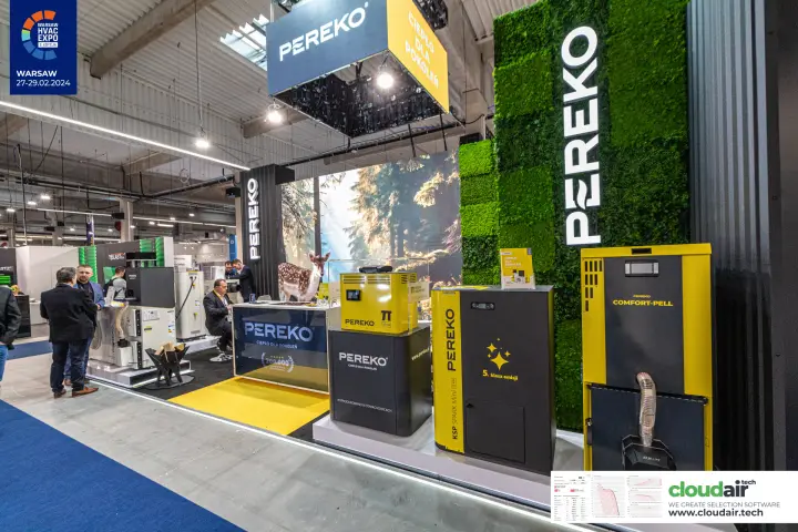Pereko boiler line-up along the aisle with forest scene on LED wall