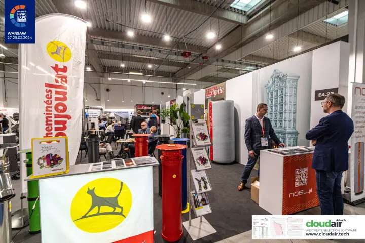 Poujoulat chimney terminals and Noel storage tank on neighbouring stands at Warsaw HVAC Expo 2024