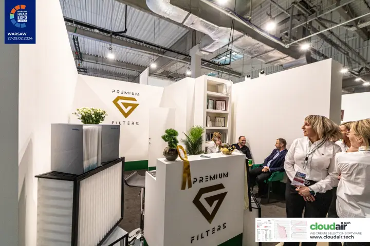 Premium Filters white stand with gold logo and pleated filter samples at Warsaw HVAC Expo 2024