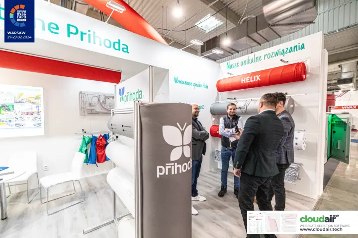 Prihoda Helix spiral-reinforced fabric ducts on the display wall at Warsaw HVAC Expo 2024