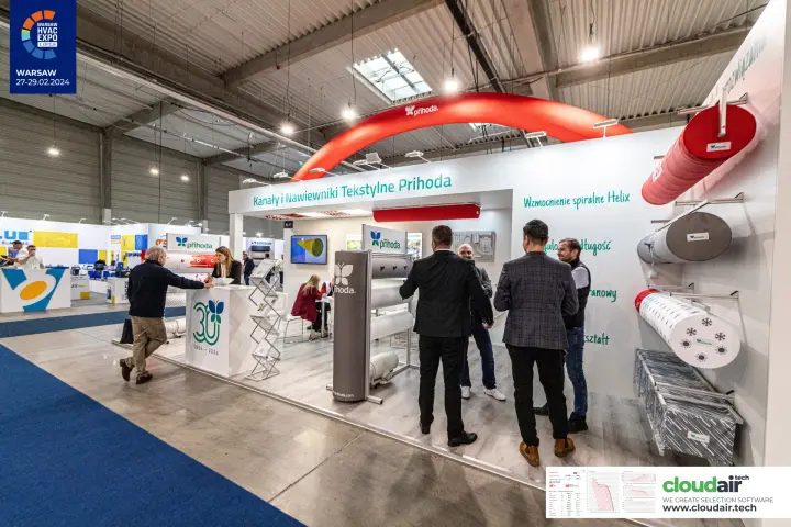 Prihoda stand from the aisle, with fabric duct samples on the side wall at Warsaw HVAC Expo 2024