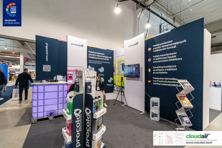 Procold stand with multilingual antifreeze claims and lit IBC tank at Warsaw HVAC Expo 2024