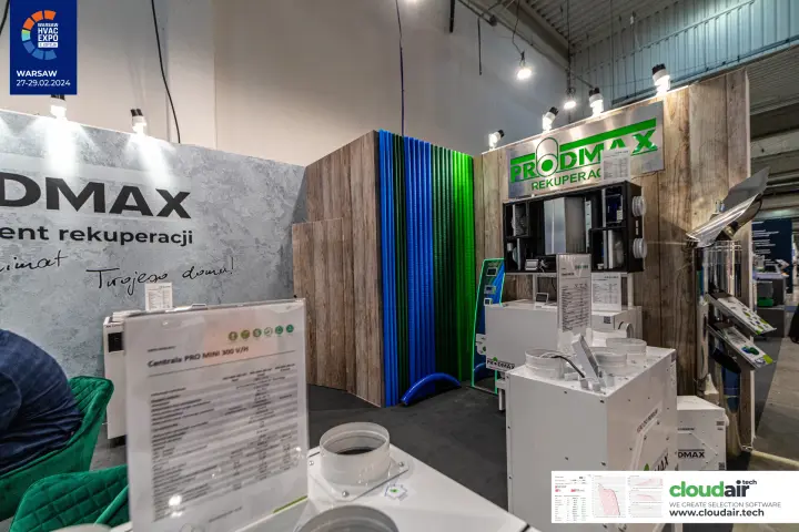 Prodmax corner with wood-plank wall and PRO MINI 300 V/H spec card at Warsaw HVAC Expo 2024