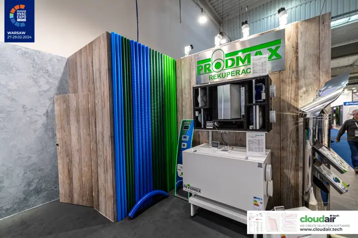 Prodmax recuperator with opened unit above and controller display at Warsaw HVAC Expo 2024
