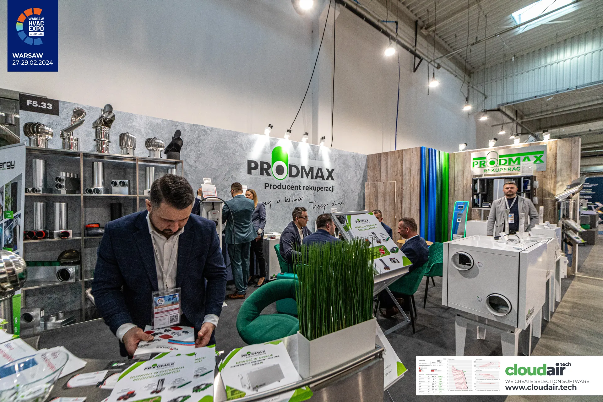 Prodmax stand F5.33 with duct fittings shelving and leaflets at Warsaw HVAC Expo 2024