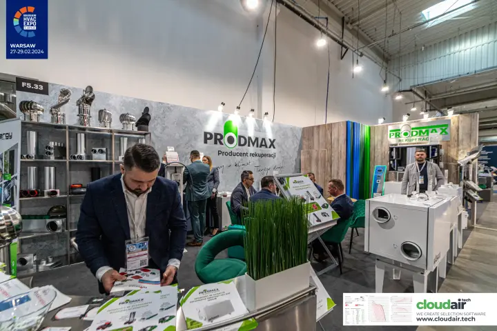 Prodmax stand F5.33 with duct fittings shelving and leaflets at Warsaw HVAC Expo 2024