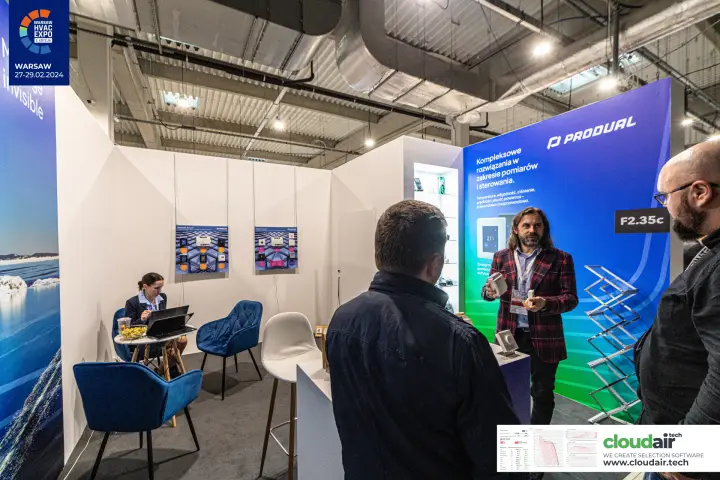 Produal stand F2.35c with blue-green graphics and meeting corner at Warsaw HVAC Expo 2024