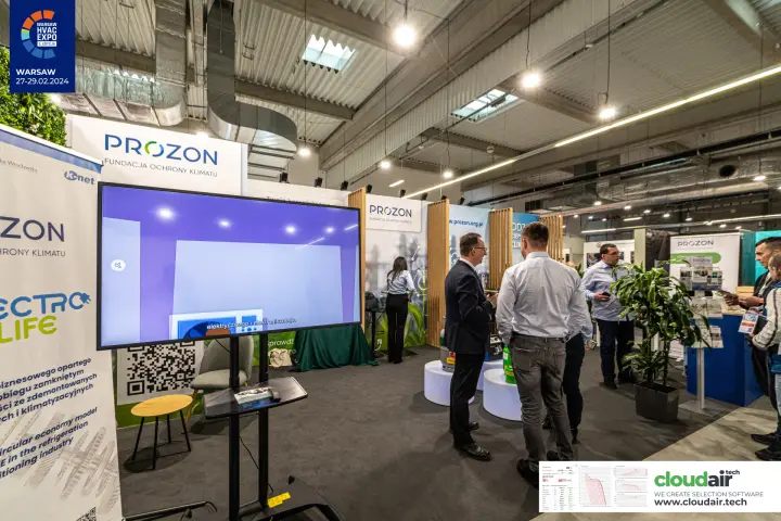 Prozon stand with circular economy roll-up and information screen at Warsaw HVAC Expo 2024