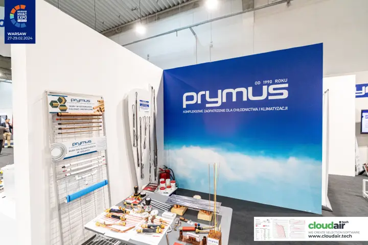 Prymus sky-print wall with a copper pipe rack and brazing torch display at Warsaw HVAC Expo 2024