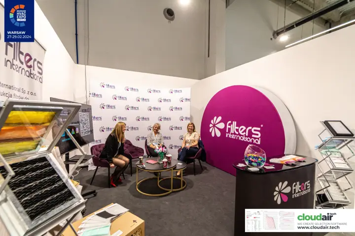 Purple velvet seating area at the Filters International stand at Warsaw HVAC Expo 2024