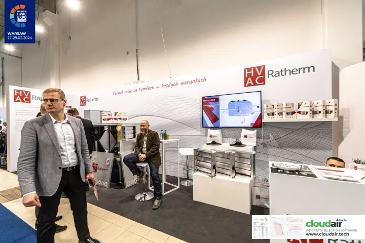 Ratherm compact ventilation unit and damper display from the aisle at Warsaw HVAC Expo 2024