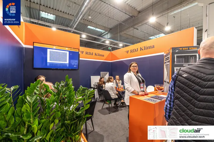 RDJ Klima stand with grilles and diffusers on orange and navy walls at Warsaw HVAC Expo 2024