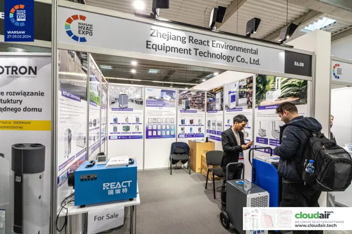 React shell-scheme stand with dehumidifiers and portable air conditioners at Warsaw HVAC Expo 2024