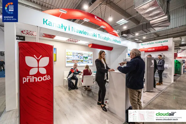 Red Prihoda column at the entrance to the textile duct stand at Warsaw HVAC Expo 2024