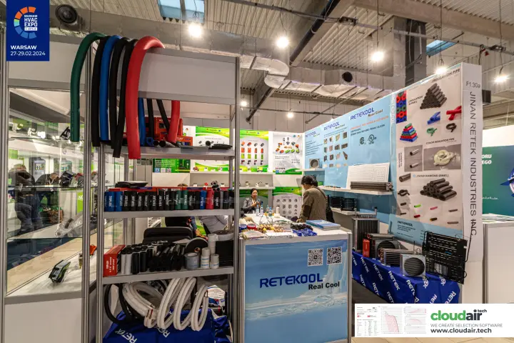 Retekool stand with pipe insulation, coiled pipe and condenser coils at Warsaw HVAC Expo 2024