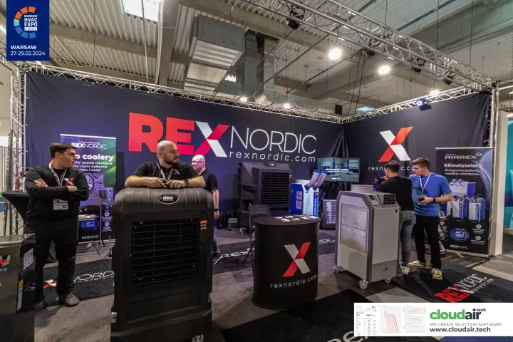 Rex Nordic stand with evaporative coolers and Airrex portable air conditioners at Warsaw HVAC Expo 2024