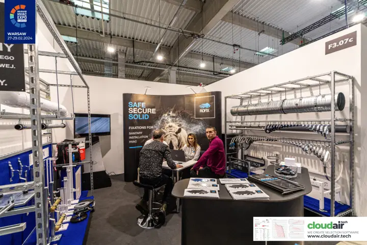 Rofix stand F3.07c with duct and pipe hangers on galvanised racks at Warsaw HVAC Expo 2024