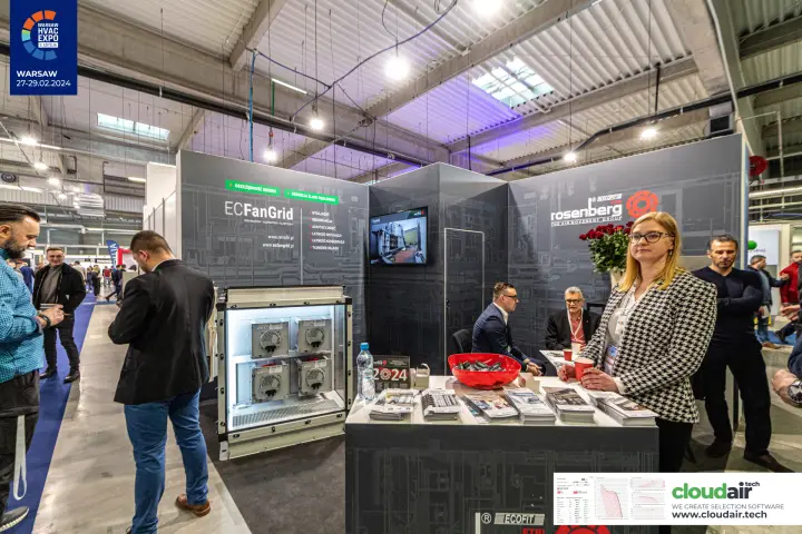 Rosenberg counter with brochures and ECFanGrid video screen at Warsaw HVAC Expo 2024