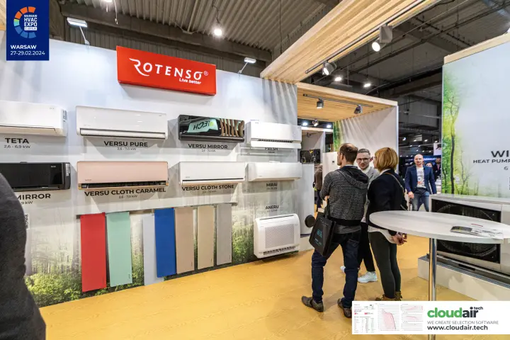 Rotenso air conditioner wall next to the heat pump section at Warsaw HVAC Expo 2024