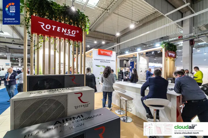 Rotenso Airmi monoblock heat pumps by the stand's bar counter at Warsaw HVAC Expo 2024