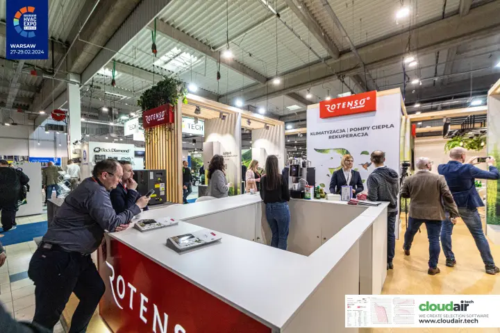 Rotenso reception counter with heat pump and ventilation offer signage at Warsaw HVAC Expo 2024