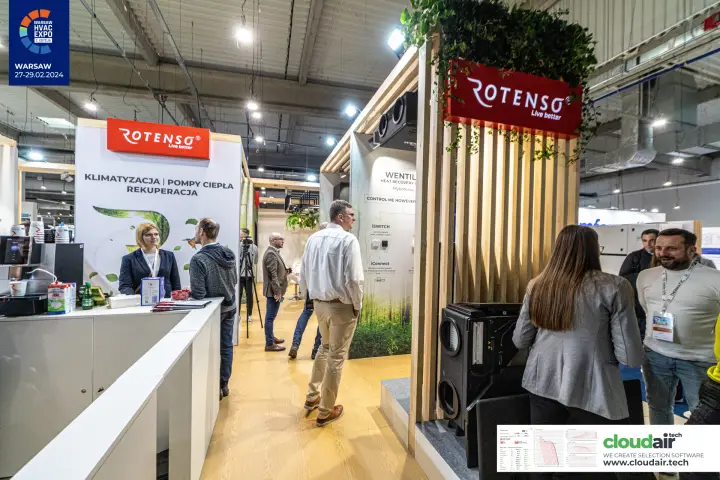 Rotenso slatted timber column with logo sign and heat recovery unit at Warsaw HVAC Expo 2024