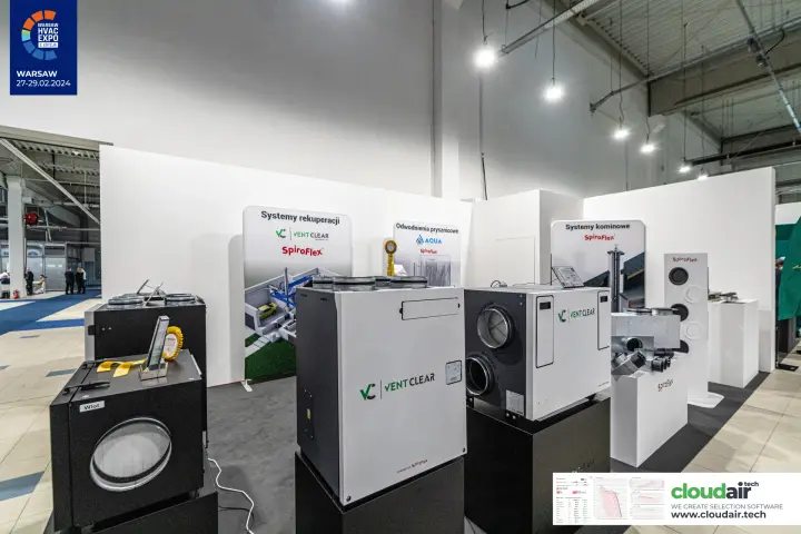 Row of Vent Clear recuperators with an award trophy on the inlet box at Warsaw HVAC Expo 2024