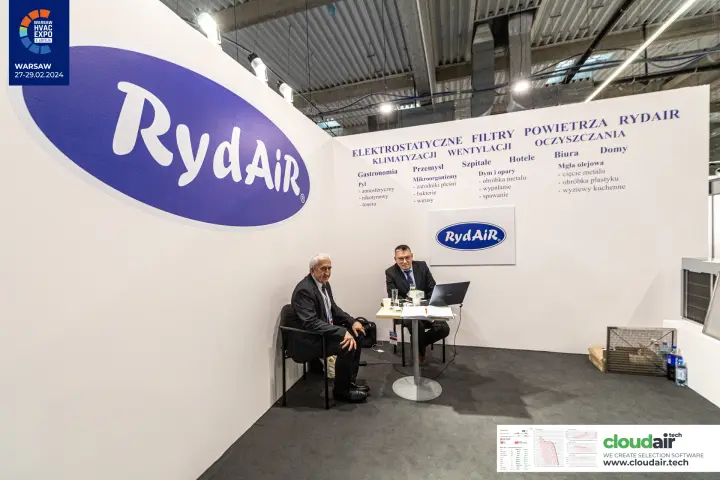 RydAir stand with electrostatic air filter signage and a filter cassette at Warsaw HVAC Expo 2024