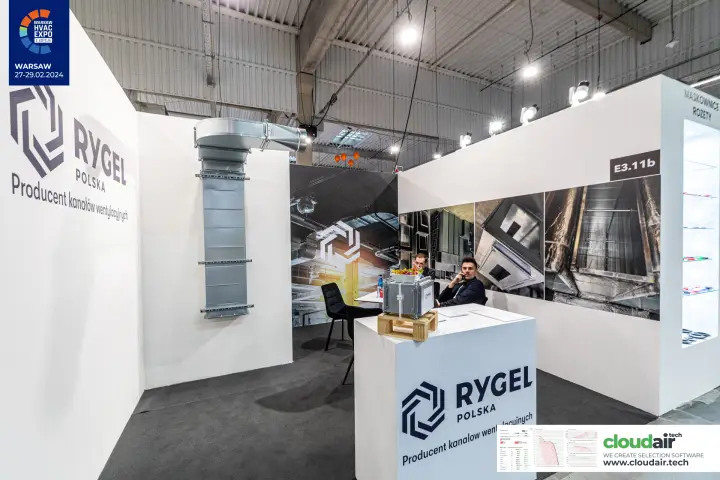 Rygel duct section mounted on the wall beside branded counter at Warsaw HVAC Expo 2024