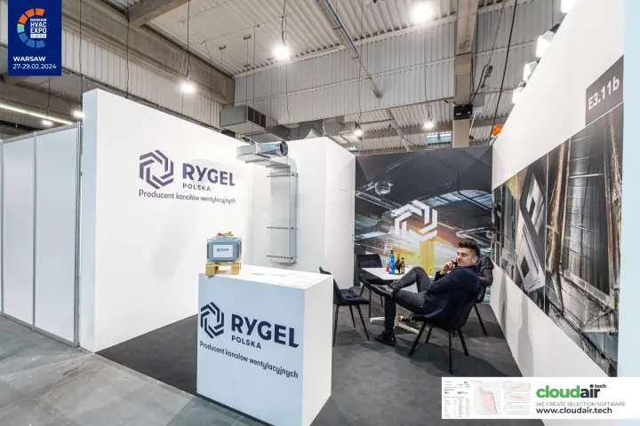 Rygel stand with ventilation duct sample and ductwork photo walls at Warsaw HVAC Expo 2024