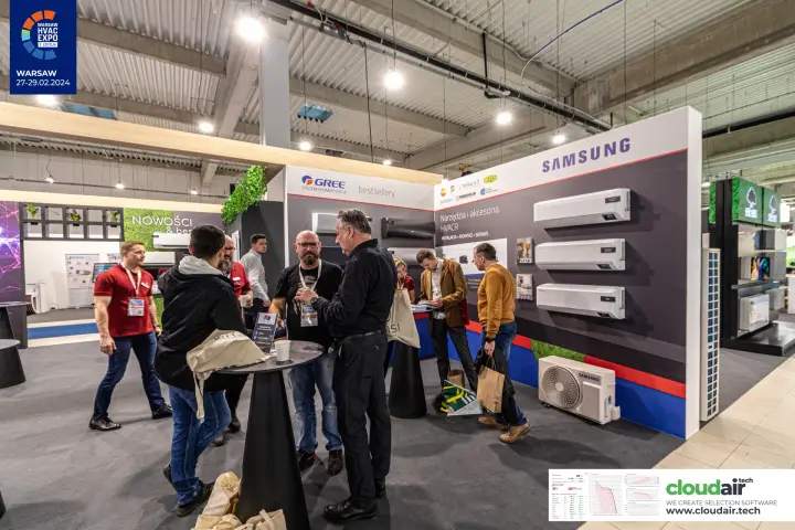 Samsung wall units and HVACR tools panel next to a Gree bestseller section at Warsaw HVAC Expo 2024