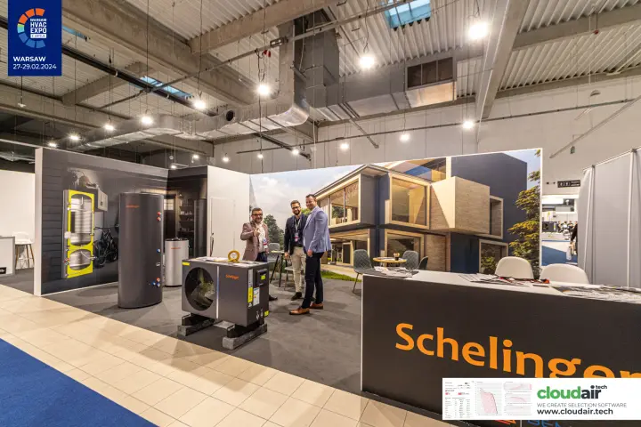 Schelinger heat pump and hot water cylinders on a dark grey stand at Warsaw HVAC Expo 2024