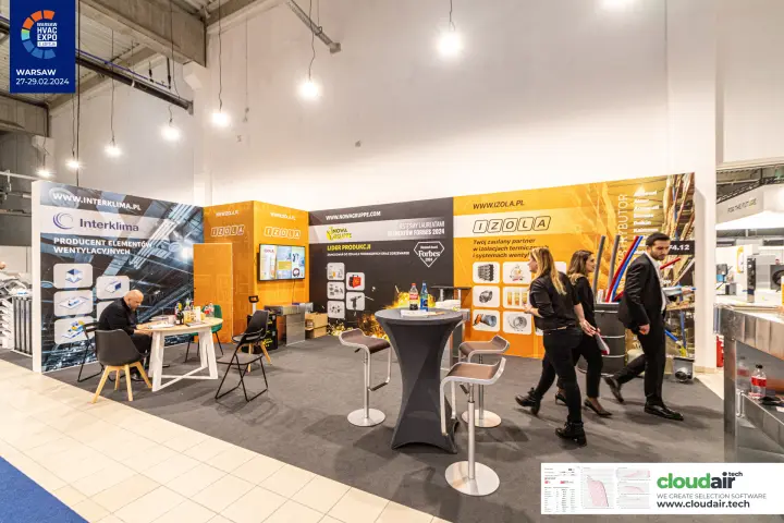 Shared Izola, Nowa Gruppe and Interklima stand with high tables at Warsaw HVAC Expo 2024