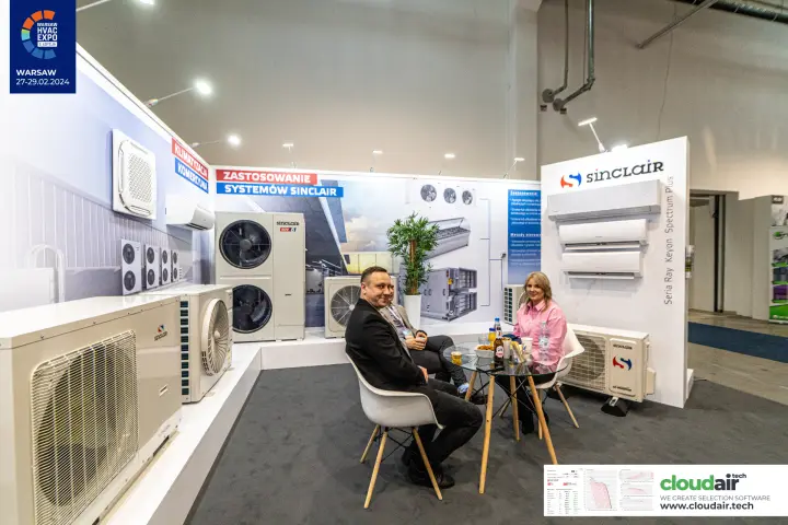 Sinclair stand with commercial outdoor units and Ray, Keyon, Spectrum Plus wall units at Warsaw HVAC Expo 2024