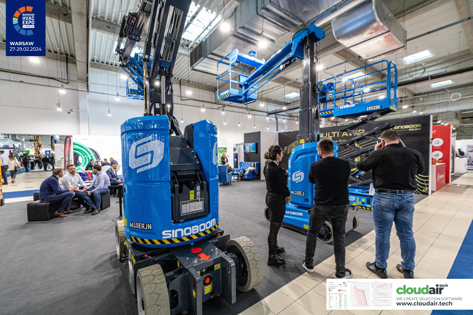 Sinoboom stand with AB10ERJN and ML10EJ mast lifts and a raised scissor lift at Warsaw HVAC Expo 2024
