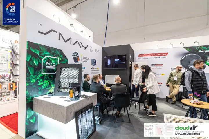Smay stand with leaf-printed eco Solutions wall and fire ventilation displays at Warsaw HVAC Expo 2024