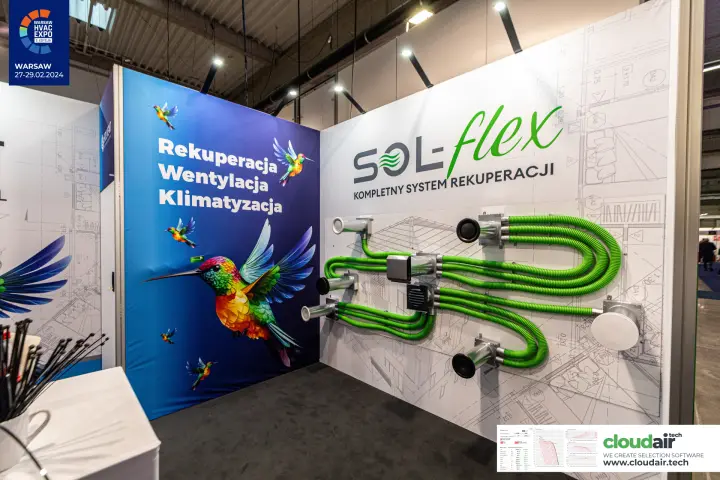 Sol-flex display wall of green flexible ducts and air valves at Warsaw HVAC Expo 2024
