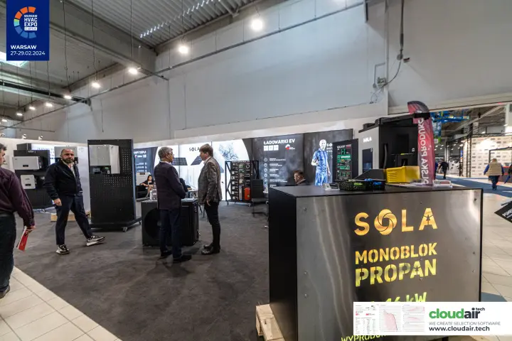 Sola stand with a 'Monoblok Propan' counter, heat pump boards and EV charger panels