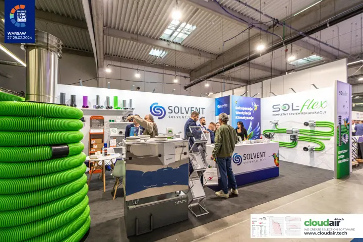 Solvent stand with green Sol-flex ducting and a Defro recovery unit at Warsaw HVAC Expo 2024