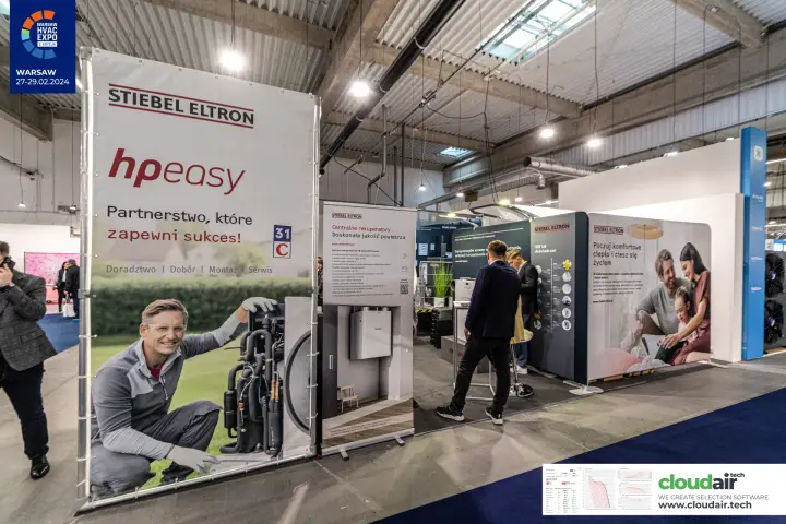 Stiebel Eltron 'hpeasy' banner and central heat recovery roll-up at Warsaw HVAC Expo 2024
