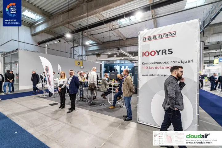 Stiebel Eltron stand entrance with '100YRS' anniversary banner at Warsaw HVAC Expo 2024