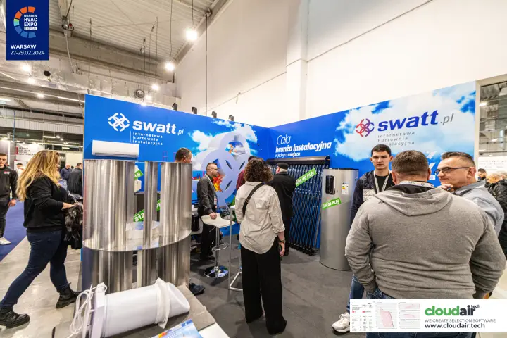Swatt.pl wholesaler stand with solar collector and hot water cylinder at Warsaw HVAC Expo 2024