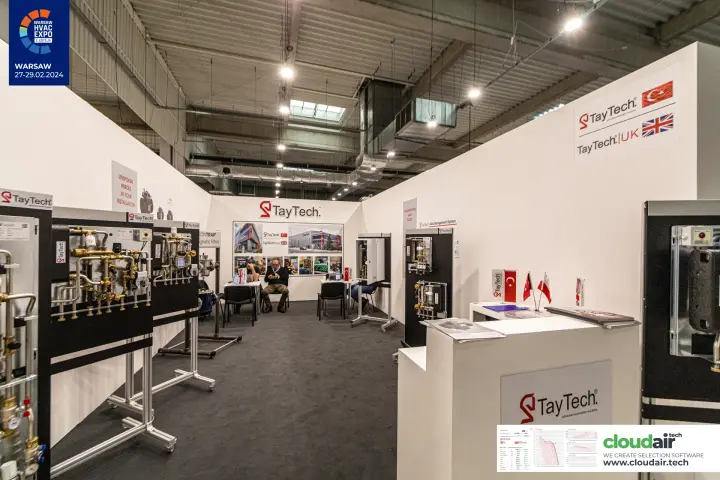 TayTech stand with hydronic heating modules on mobile display frames at Warsaw HVAC Expo 2024