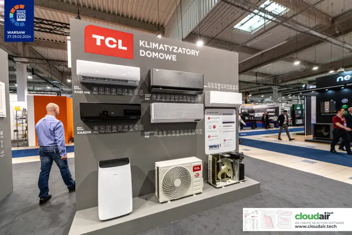 TCL display wall of home split air conditioners and a cutaway outdoor unit at Warsaw HVAC Expo 2024