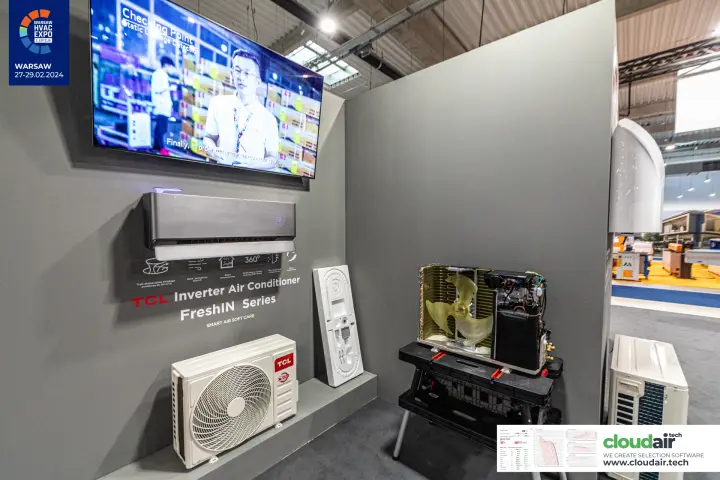 TCL FreshIN Series air conditioner and opened outdoor unit at Warsaw HVAC Expo 2024
